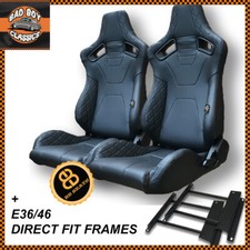 Pair BB6 RS Black Diamond Stitch Reclining Bucket Racing Seats Fits BMW E36 E46