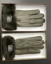 UGG Australia Khaki Green Leather Gloves With Black Faux Fur Cuffs Size Medium