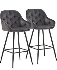 2x Grey Velvet Bar Stools with Foot rest Tufted stitching Seat Chairs No Legs