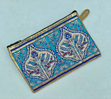 Turquoise Iznik Pattern Coin Purse, Tapestry Pouch, Double-Sided Bag - 10x15cm