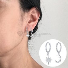 Women Smooth 18K Gold Plated 925 Sterling Silver Star Moon Huggie Hoop Earrings