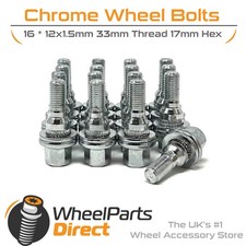 Wheel Bolts (16) 12x1.5 Flat Chrome for Peugeot 108 14-22 on Original Wheels