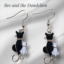 Black Cat And White Kitten With Rhinestone Collar Enamel  Earrings
