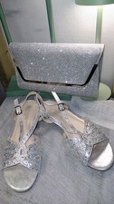 PARADOX LOW BLOCK HEEL WIDE FIT SILVER SHIMMER SHOES AND MATCHING BAG UK 4 37W