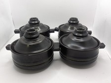 Set of 4 Brown Stoneware Rustic Farmhouse Style Lidded Soup Bowls A130 P826