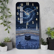Elegant Wooden Wall Clock With Islamic Themed Image 38x19cm