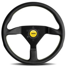 Genuine Momo Monte Carlo black leather 350mm steering wheel.  YELLOW stitching.