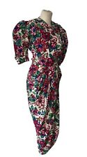 DROOPY & BROWNS UK10 CREAM-PINK-GREEN VINTAGE 1980'S LARGE FLORAL PRINT DRESS