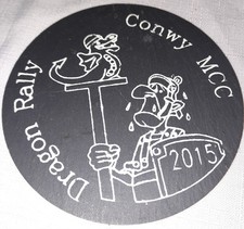 2015 DRAGON RALLY SLATE COASTER ENGRAVED WELSH ALE BEVERAGE DRINK MAT badge
