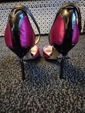 ALANNAH HILL Pink Satin/Black Leather Strap Stiletto Shoes Size 37 WORN ONCE