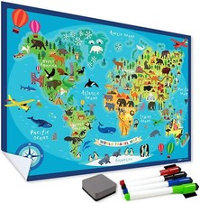 Sticky Map of the World w/ Animals, Educational Poster Art for Kids Bedroom Wall