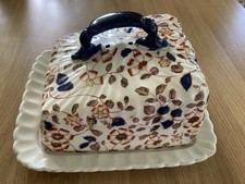 Antique Ceramic Blue Floral Cheese/Butter Dish & White Lid Very Good Condition