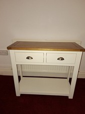 White Wooden Hall / Kitchen Console Side table Oak Top  2 Drawers Metal Handles
