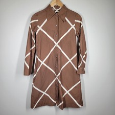 Vintage 70s Vuokko Suomi Brown Cream Diamond Print Snap Button Shirt Dress 38 