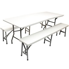 Folding Plastic Table & 2 Bench Set 6ft Size Garden BBQ Picnic Dining Camping