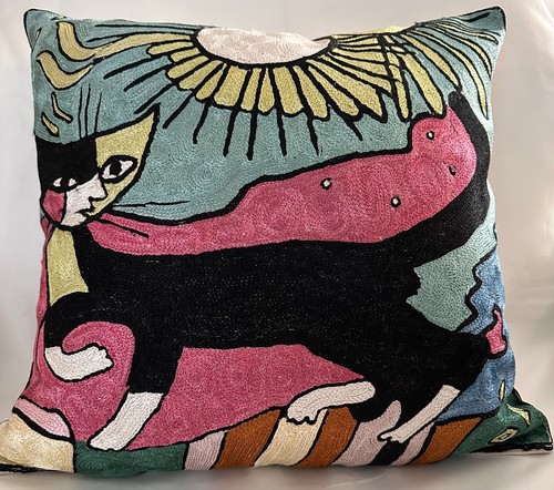 Cat embroidered cushion cover - embroidered,
