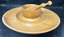 Unusual Vintage Hand Turned Wooden Bowl Serving Plate & Spoon Hors Douevres