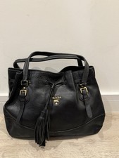 Preloved PRADA Cervo Antik Drawstring Tote Handbag Black Leather