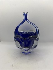 Vintage Cobalt Blue Hand Made Glass Bohemian  Basket Pinched Handle 