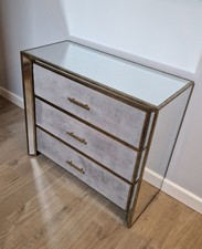 Foxed Mirror Chest of Drawers, Contemporary Stylish Glass Velvet front Drawers