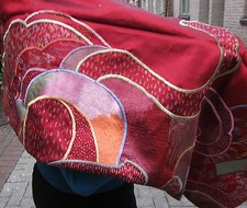 Red silk taffeta/organza/ LONG SHAWL/ hand embroidered zen motifs/reversible/58i