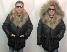 BLACK REAL SHEEPSKIN SHEARLING LEATHER REAL RACCOON MARLBORO TRENCH Coat S-3XL