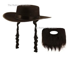 JEWISH RABBI FANCY DRESS HAT WITH SIDEBURNS BLACK BEARD MENS STAG ACCESSORIES