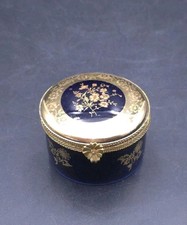 Limoges Castel Porcelain Cobalt Blue 22k Gold Flowers Hinged Trinket Box