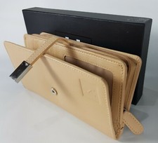 Designer Ladies Genuine Leather Wallet Purse Clutch RFID Strap Boxed Beige HideZ