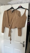 Stradivarius Size M Cardigan & Vest Set Furry Brown, Tie Waist With Loops VGC