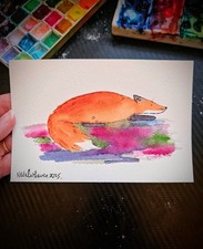 Colourful Fox Watercolour Painting 4×6 Inches - Woodland Animal Picture Art Pink