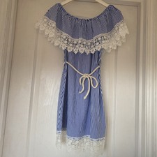 Italian Designer Blue And White Striped White Lace Dress S 10/12