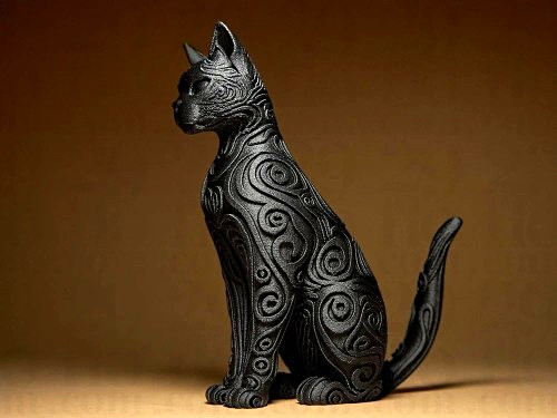 Black patterned sitting cat - black,