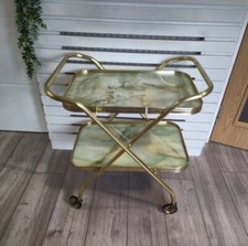 Vintage 2 Tier Folding Hostess Drinks Tea Trolley Gold Frame Onyx Effect Marble 