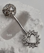 2.39g 9ct White Gold Cz Heart Belly Bar 1.6mm Fully Hallmarked 375 9kt 11mm Long