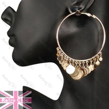 7cm big CHANDELIER HOOP EARRINGS hoops DISCS boho GOLD TONE gypsy coin drop disc
