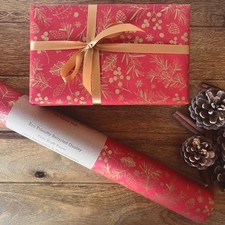 Christmas Wrapping Paper Red & Gold Foliage KRAFT Eco Gift Wrap Sheet Roll