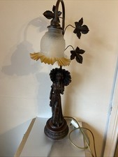 Antique Vintage Bronze Effect Lady Lamp  Art Nouveau Art Deco Style Glass Shade