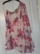 LIPSY PINK CORAL WHITE SHEER TROPICAL FLORAL EMBELLISHED FLOATY ONE SLEEVE SHIFT