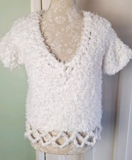Hand Knitted White Short Sleeve Cropped Fluffy Jumper - Size M/L (14 / 16)