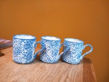 3 X blue & White Spongeware Mugs