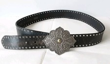 M&S Leather Belt  Brown Ornate Silver Buckle Studded Vintage Boho Waist M