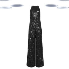 Ex Women’s Tall Size Jumpsuit Black Sleeveless Sequin Embellished Halter Neck