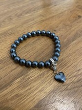 CHARMOLOGY GREY HEMATITE BALL BEADED HEART CHARM STRETCH BRACELET