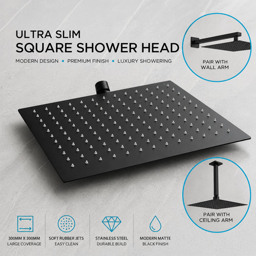 300mm matt black square - black, shower