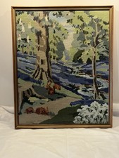 Vintage Framed Woodland Animals Needlepoint Embroidered Picture Autumn Decor Vgc