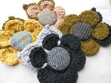 15cm HandCrochet Classic FLOWER Corsage with Chunky Leaves Harris Tweed Button