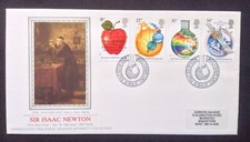 GB PPS Sotheby's Silk 1987 Isaac Newton Set on First Day Cover, Woolsthorpe SHS