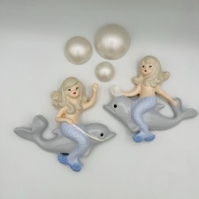 Mermaid Dolphin Chalkware Wall Plaque Kitsch Kitschy MCM Retro VTG Style Set