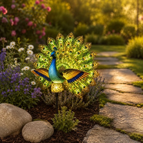 Solar peacock statue - peacock, led